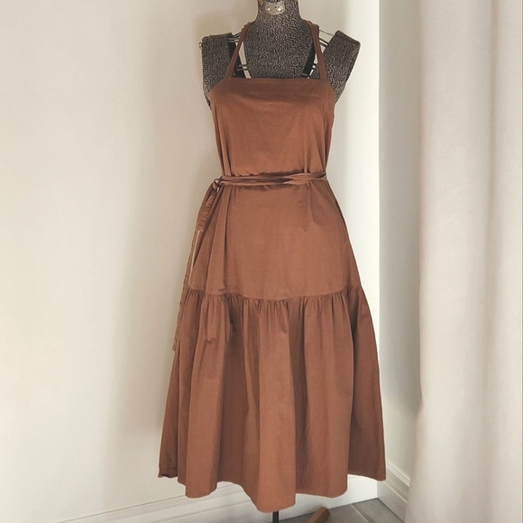 Everlane Cotton Pinafore Backless Dress Brown Sz 8 - Picture 9 of 14